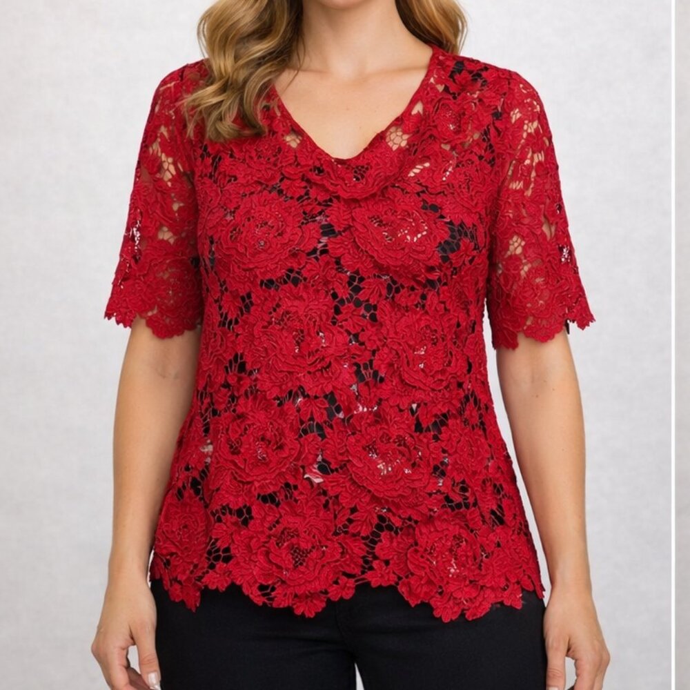 NWOT Rafaella round neck lace floral short sleeve top shirt Red Size L